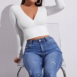 white v neck long sleeve